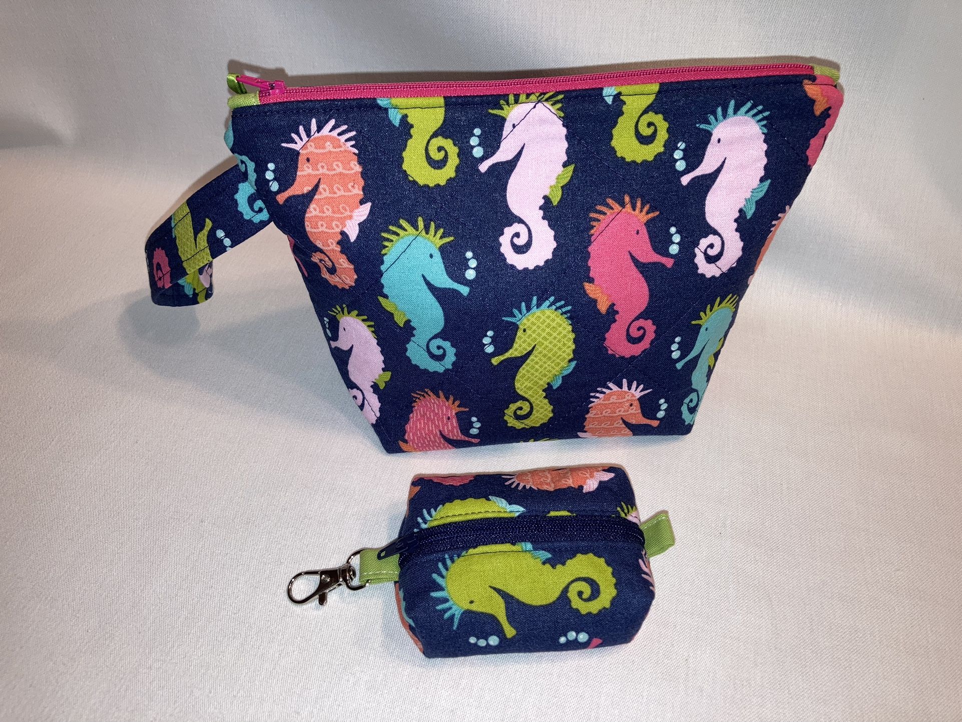 Handbag Set, Zipper Pouch, Coin Purse, Makeup/ Toiletry Bag. Colorful Seahorses