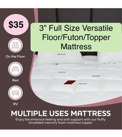 3” Full Size White Futon Mattress Toppers with Anti-Slip Anchors - Futon Cover Filled with Plush Down Alternative Fill - Full Size Futon Cover is Soft