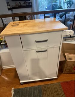 Rolling Kitchen Island Cart w/ Trash Can – Solid Wood Top