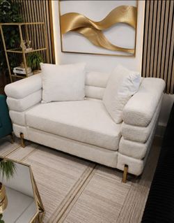 Luxury 2-pc sofa set white Boucle Fabric with golden metal gold steel legs