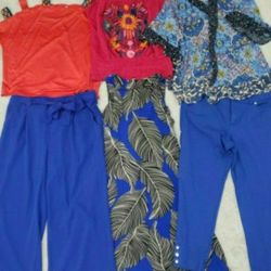 Colorful Women's Clothing, Size Large (12/14)! Beautiful Leaf Dress (14), Floral Embroidered Tank Top, 2 Blue Pants (12) & 2 Stylish Tops! Price For A