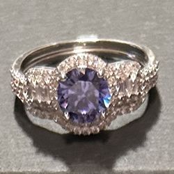 Blue and White Cubic Zirconia Sterling Silver Ring with Bands