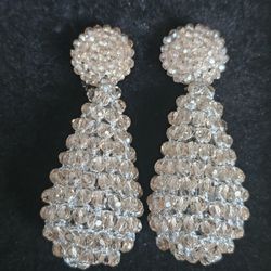 Vintage One of a Kind Large Beaded Tear Drop Clip On Drop Earrings