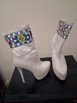 Tan Suede Stiletto Ankle Boots Embellished