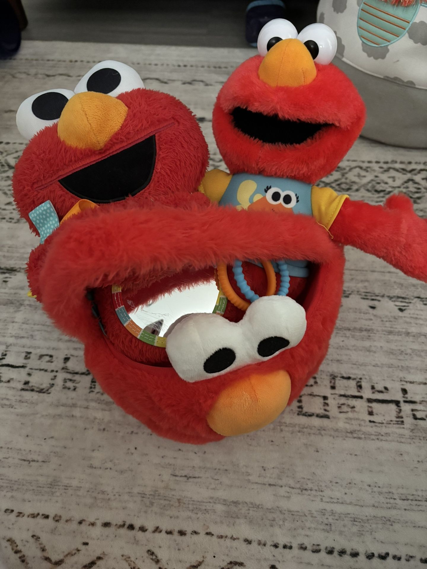 Elmo Basket And Plushies Lot Of 3