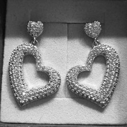 Diamond Simulant Pave Heart Earrings in .925 Sterling Silver.