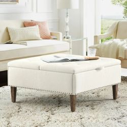 36" Storage Ottoman Lift Top Coffee Table with Linen for Living Room Bedroom, Ivory White