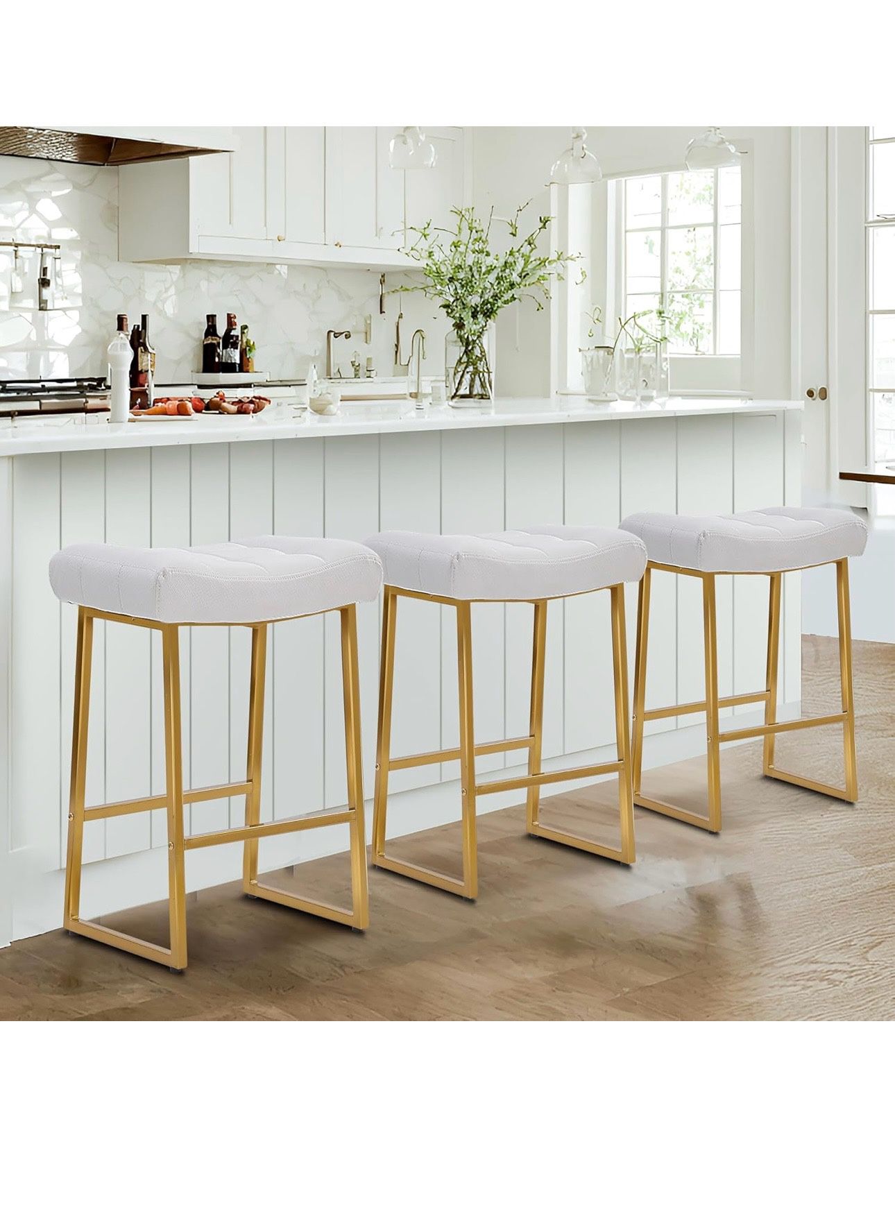 White & Gold Counter Height Bar Stools Set of 3 for Kitchen Counter Modern Backless Barstools with Upholstered Faux Leather Seat and Metal Frame Indus