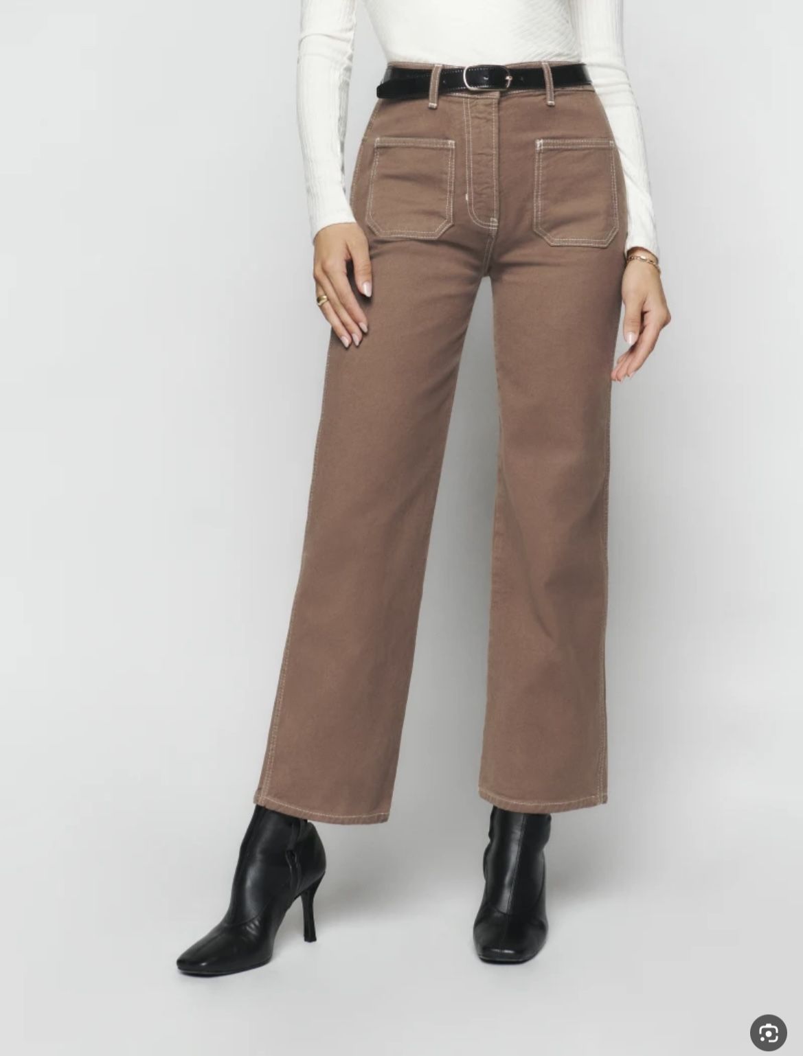 Reformation Alyssa brown white stitched wide leg cropped pants 25