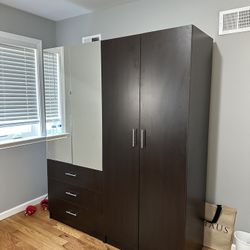 Modern Brown Dresser Closet With Mirror Three Drawers Hanging And Folding 4 Doors