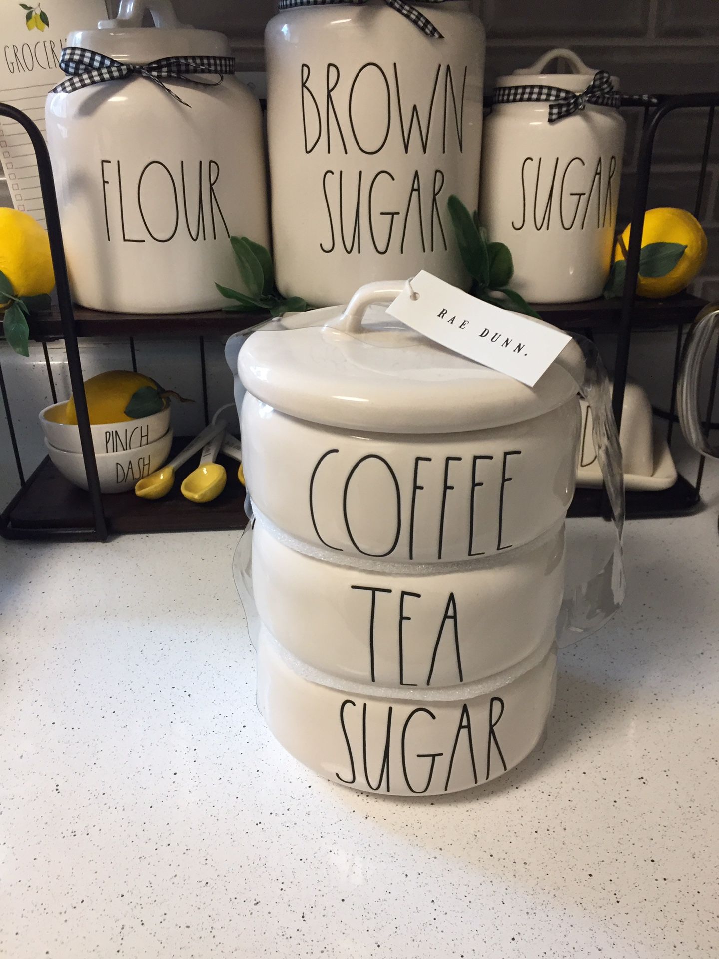 Rae Dunn Coffee Sugar and Tea stack cellars
