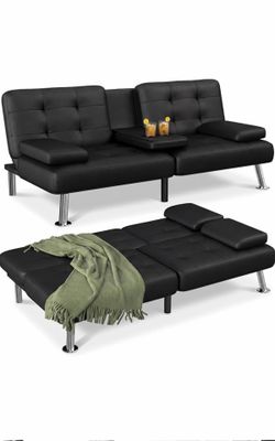 Flamaker Futon Sofa Bed, Black Faux Leather Convertible Loveseat Couch