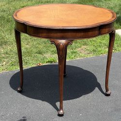 Antique Clover Shaped Queen Anne Mahogany Leather Top End Table