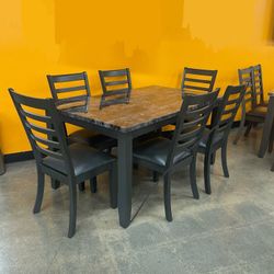 7pc Dining Table Set With Marble Tabletop