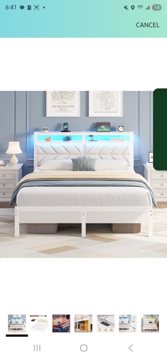 Seventable Bed Frame Queen Size with Charging Station, LED Bed with Upholstered Storage Headboard,