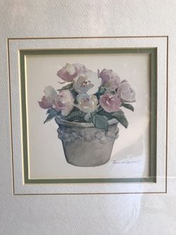 Roses in pot watercolor print, framed and matted art 14,5x14,5 inc