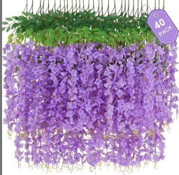 Waipfaru 40 Pack Purple Wisteria Hanging Flowers, Fake Hanging Flowers For Decoration, Artificial Flowers,Vines For Bedroom,Flower Garland For Home,Pa