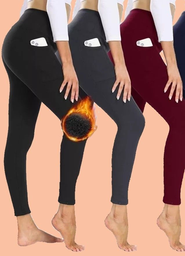 SHOWITTY Fleece Lined Leggings w/Pockets, High Waisted Thermal S/M 3Pack
