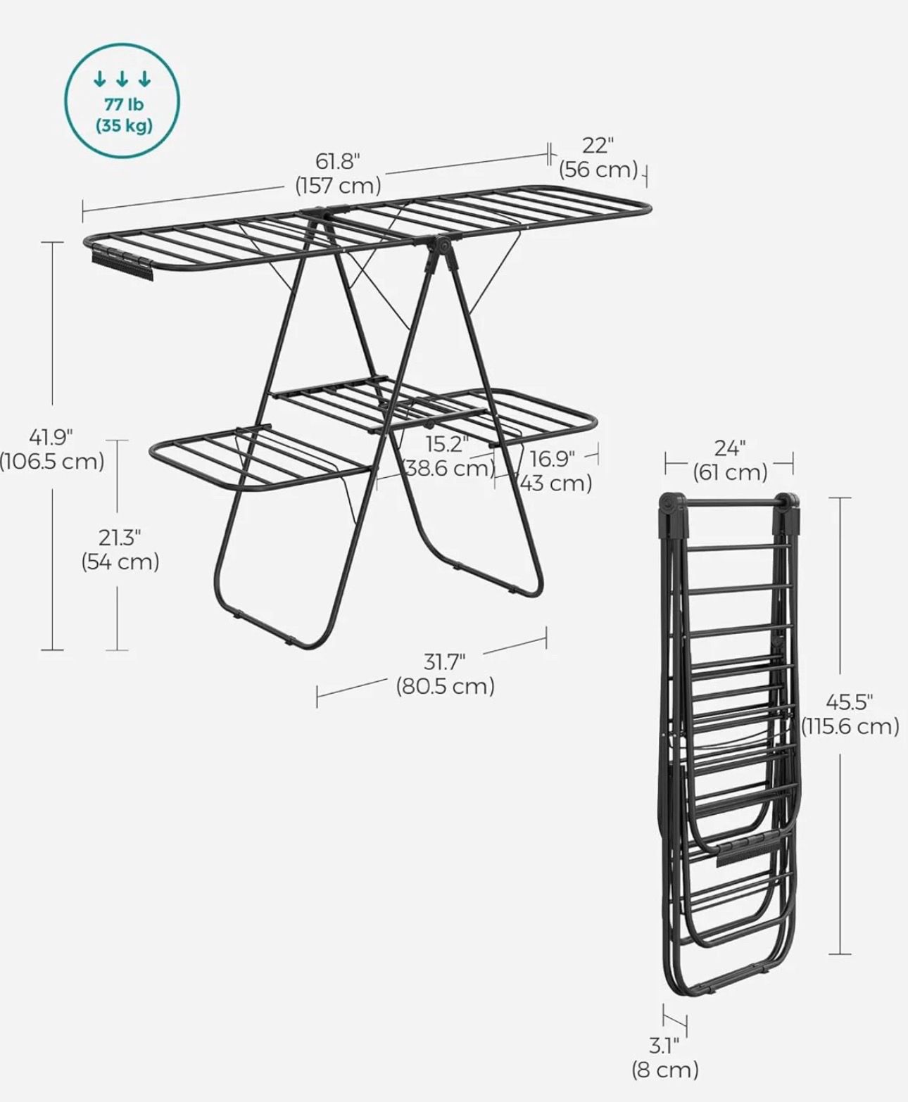 SONGMICS Clothes Foldable 2-Level Laundry Drying Rack Free-Standing Airer - Black