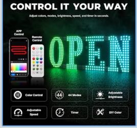 48'' × 17'' Open Signs for Business, Extra Large LED Open Sign with 16 Million Colors, APP & Remote Control, Timer, 44 Flashing Modes, Adjustable Brig