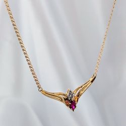 10 K Gold 1/2 CT Marquis Ruby & Round Diamond Accent Chevron Necklace 