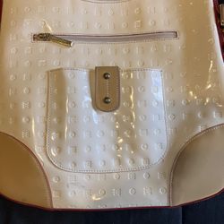 Arcadia White And Tan Adjustable Strap Patent Leather Embossed Handbag