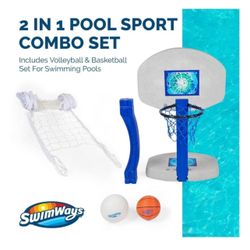 2-in-1 Pool Sport Combo Set - Volleyball Net & Outdoor Basketball Hoop For In- & Above Ground Pool