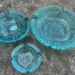 3pc 1960s Aqua Marine Glass Ashtrays 