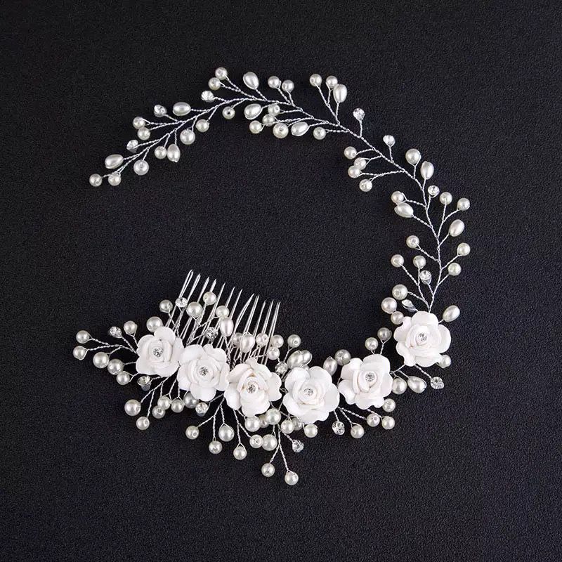 White Flower Wedding Headbands Bridal Hair Jewelry Accessories Hair Comb Clips for Women Girls Pearl Rhinestone Hairbands   Message me if you are inte