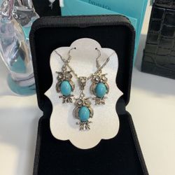 Owl Jewelry Set Necklace And Earrings Silver Turquoise 