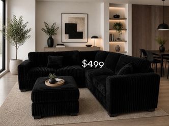 Beautiful‼️ 4-Pc Black FurLike Jumbo Corduroy Sectional Sofa Set
