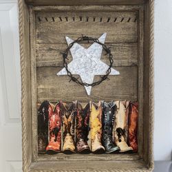 Rustic Western Cowgirl Boot & Lone Star Barbed Wire Jewelry Stand Wall Decor