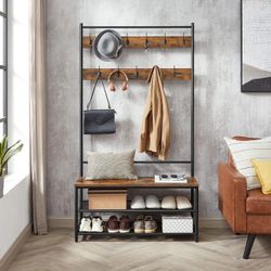 Entryway Bench with Coat Rack, Hall Tree with Bench and Shoe Storage, 11 Hooks, Adjustable Shelves, Hallway Bedroom Dorm Apartment, Rustic Brown and B