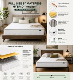 FULL SIZE 8" Mattress  Hybrid   MEDIUM