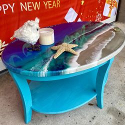 Coastal Oval Coffee Table Ocean Resin Pour 