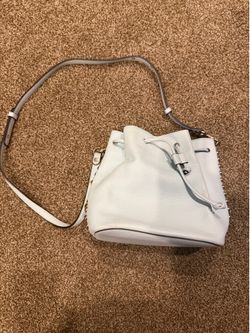 Rebecca Minkoff Light Blue Leather Drawstring Bucket Bag with Studded Detail