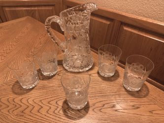 Vintage American Brilliant Cut Glass Pitcher & 5 Tumblers