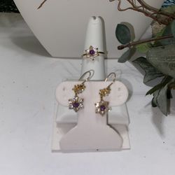 Amethyst Flower Ring And Earrings 10kt