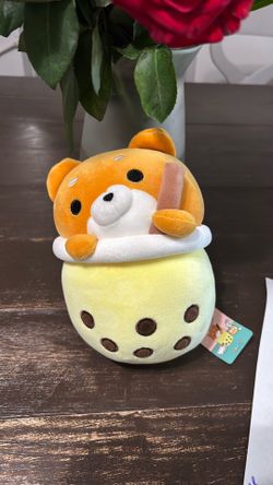 Shiba Inu dog ,yellow boba tea with boba pearls
