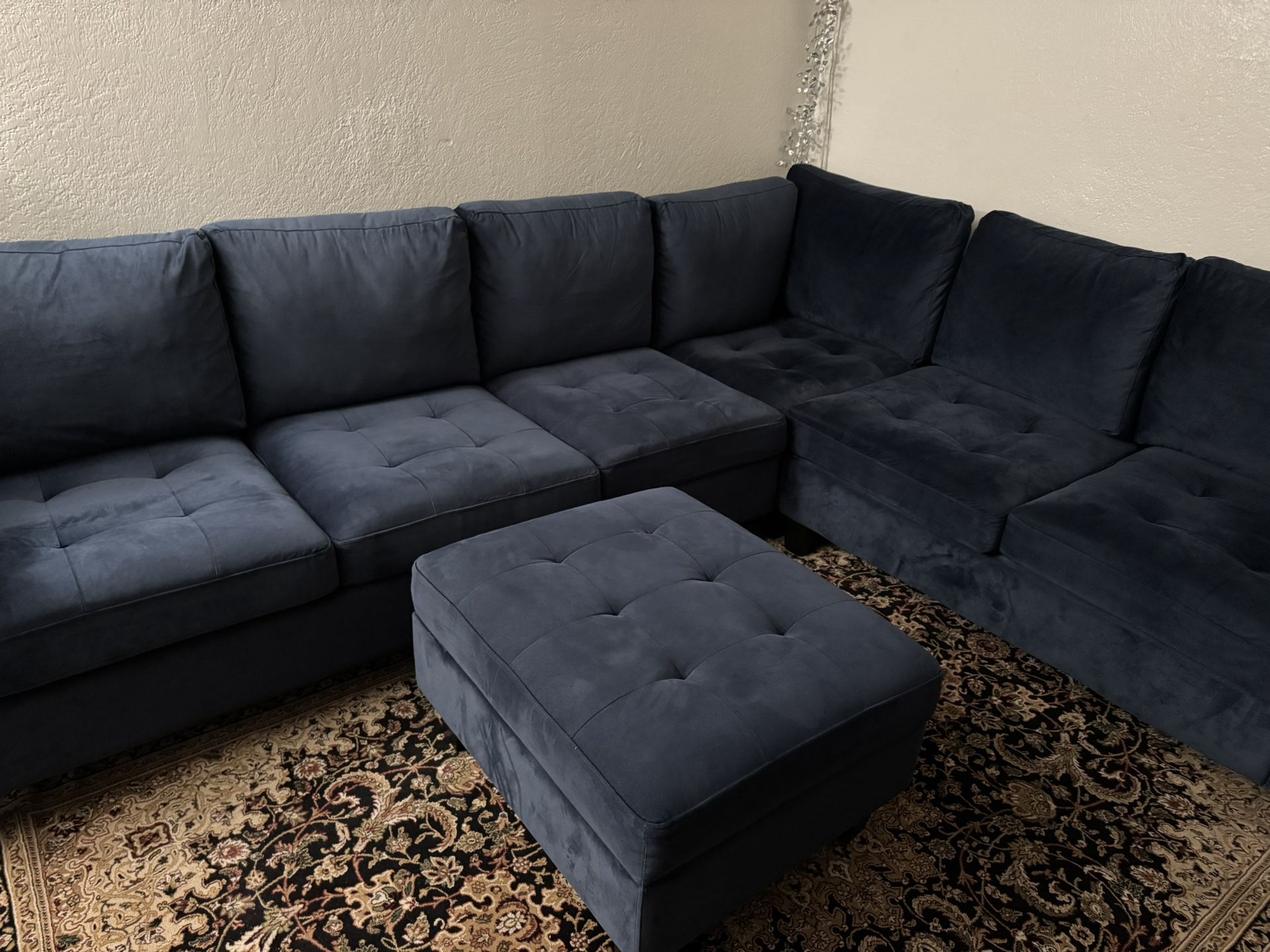 Navy Blue Sectional Sofa Set With Ottoman