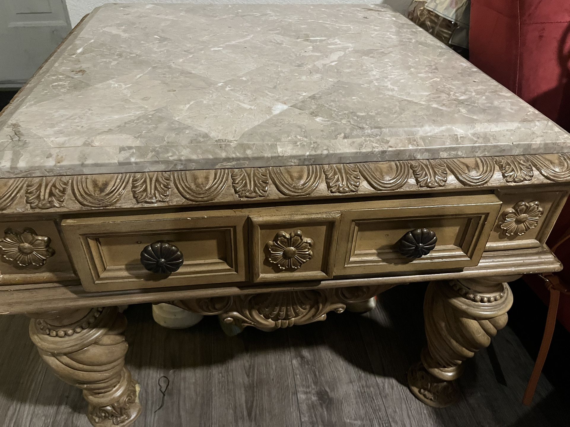 Marble  set Of Three “ Top Carved Coffee Table, "Ornate Entryway Console Table, "Carved Console Table