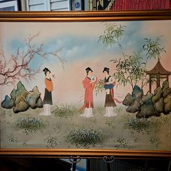 Vintage Asian Painting on canvas Signed by Man Ling Features a Scenic depiction of women 53"×42.5"