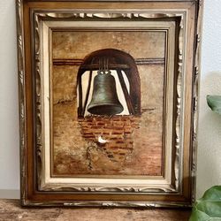 Vintage Mission Bell / Bird Oil On Canvas 