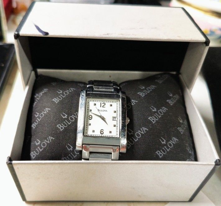 Bulova Quartz A1 Silver Stainless Steel Rectangle Case Black Dial 27mm New Battery