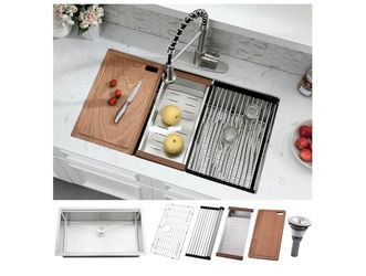 8056: New 30 Inch Undermount Kitchen Sink - 30x16 Stainless Steel Workstation Kitchen Sink 10 Inch Deep Single Bowl Undermount Sinks with Accessories
