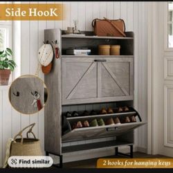 Double drawer ,Freestanding flip shoe cabinet, Slim fit wooden storage cabinet with hidden shelves |