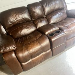 Leather Recliner Sofa With Storage And Cup Holder