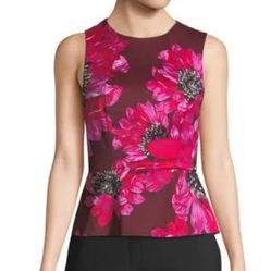 Designer Trina Turk Burgundy &amp; Pink Floral sleeveless Peplum blouse size 0 (XS) 