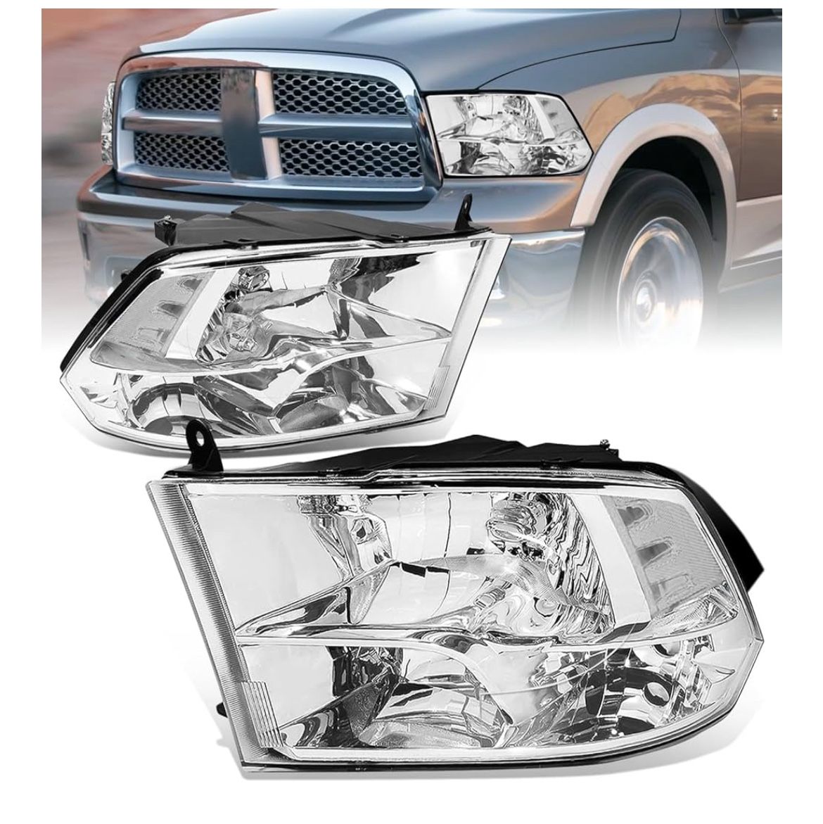 Auto Dynasty Quad Headlights Assembly Compatible with 2009-2010 Dodge Ram 1 New Body, 2011-2018 Ram 1, Halogen Headlamps Replacement,