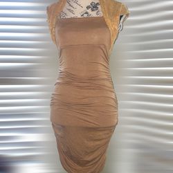 Love Culture Small Rouched Bodycon Dress with Lace Top • Nude • Stretchy • EGUC